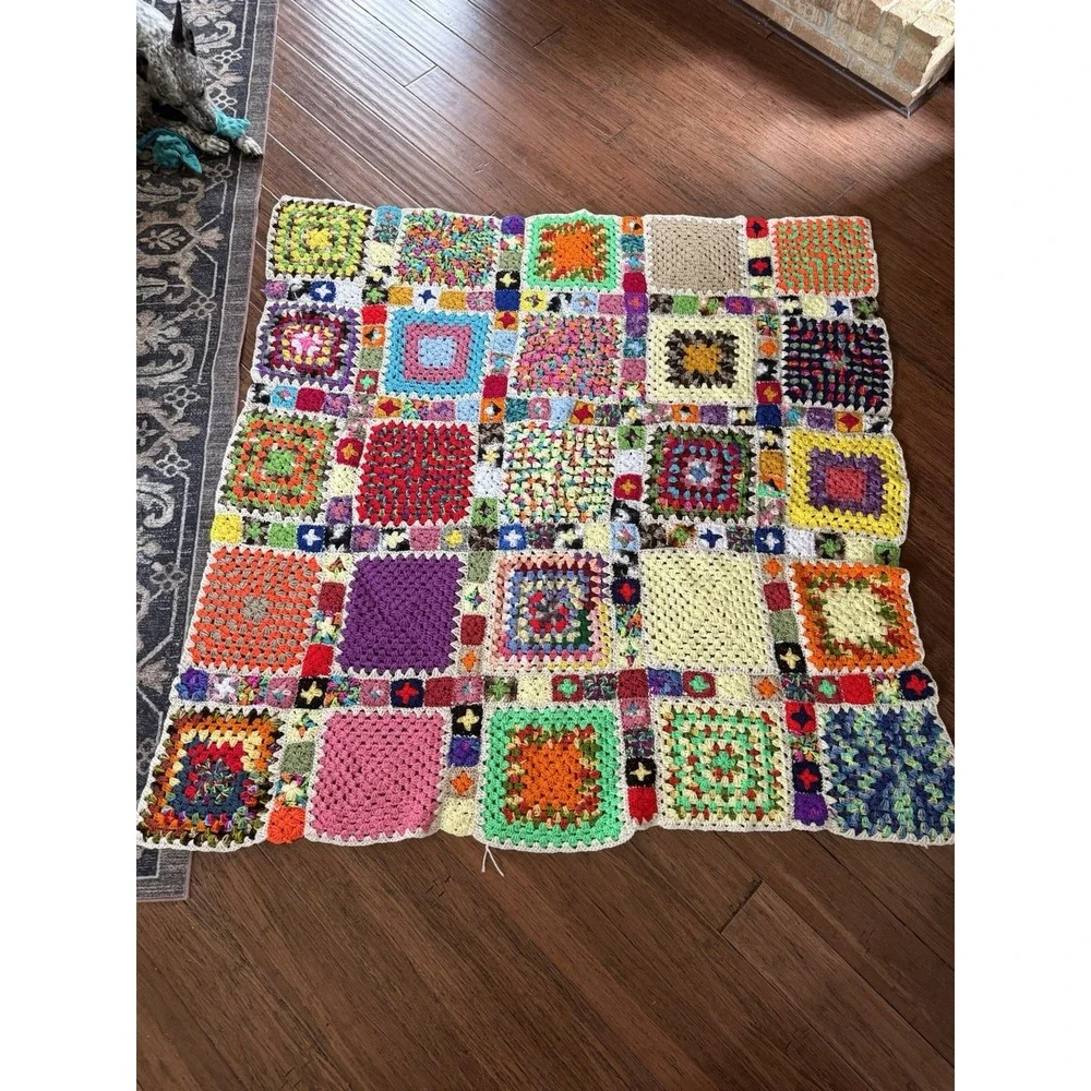 Vintage Multicolored Granny Square Afghan Throw Blanket 61 x 61.